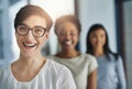 Happy, professional business woman and hiring team welcoming new recruits and employees to the office. Portrait of