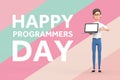 Happy Programmers Day Concept. Cartoon Programmer Person with Laptop and Programmers Day Sign. 3d Rendering