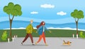 Happy promenade of owners with dog. Couple in relationship walking in forest with their pet.