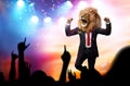 Happy proud man with a lion head in a business suit celebrating victory with crowd cheering