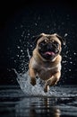 Joyful Pug Dog Leaping Through Water Splashes on Dark Background Royalty Free Stock Photo