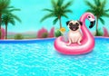 happy pug puppy dog on pink inflatable flamingo floating in pool in summer, tropical background - AI generated illustration Royalty Free Stock Photo