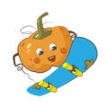 Happy pumpkin character skateboarding isolated vector illustration. Autumn harvest. Royalty Free Stock Photo