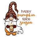 Happy Pumpkin spice season - Thanksgiving gnome with coffee. Nordic magic dwarf.
