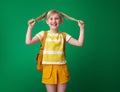 Happy pupil with backpack with tails against green background