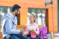 Happy pupil and father with lunch