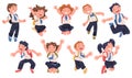 Happy Pupils in Uniform with Tie and Backpack Jumping with Joy Excited About Back to School Vector Set Royalty Free Stock Photo