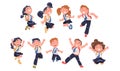 Happy Pupils in Uniform with Tie and Backpack Jumping with Joy Excited About Back to School Vector Set Royalty Free Stock Photo