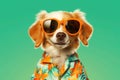 Happy Puppy Dog Portrait wearing summer sunglasses, tropical shirt looking at camera isolated on green gradient studio background