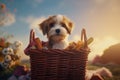 Happy puppy gift basket. Generate Ai Royalty Free Stock Photo