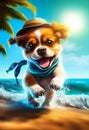 Happy puppy in glasses runs along the seashore. AI genarated