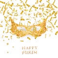 Happy Purim background with gold mask
