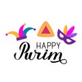 Happy Purim calligraphy hand lettering and jester hat. Mask and hamantaschen cookie. Traditional Jewish carnival poster. Vector