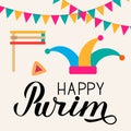 Happy Purim calligraphy hand lettering, jester hat, noisemaker and hamantaschen cookie. Traditional Jewish carnival poster. Vector