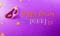 Happy Purim carnival decoration concept made from mask and sparkle star on purple background. (Happy Purim in Hebrew, jewish