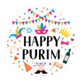 Happy Purim circle label with lettering, props and traditional Jewish symbols hamantaschen cookies, noisemaker, megillah esther,