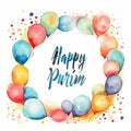 Happy Purim colorful bright watercolor frame with balloons illustration