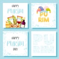 Happy Purim day greeting cards set. Vector