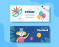 Happy Purim Day Horizontal Banner Flat Cartoon Hand Drawn Templates Illustration