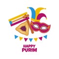Happy Purim greeting card with grogger, hamantash pastry and carnival mask icon vector Royalty Free Stock Photo