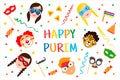 Happy Purim holiday greeting banner. Children with painted faces wearing carnival masks