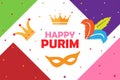 Happy Purim holiday greeting card with traditional purim symbols. Vector illustration. Element for design business cards, invitati
