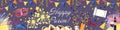 Happy Purim horizontal banner on purple background with carnival masks, Jewish symbols. Watercolor greeting border