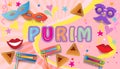 Happy Purim Jewish Holiday greeting card traditional symbols, noisemaker, grogger, rashan, masque, gragger, hamantaschen cookies Royalty Free Stock Photo