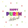 Happy Purim Jewish Holiday greeting card traditional symbols, noisemaker, grogger, rashan, masque, gragger, hamantaschen cookies Royalty Free Stock Photo