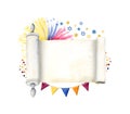Happy Purim scroll watercolor frame, greetings template with space for text, megilat Esther, fireworks, stars of David
