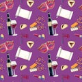 Happy Purim watercolor pattern. Jewish traditional holiday Hamantaschen cookies, carnival masks, ratchet, wine, scroll