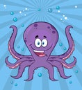 Happy Purple Octopus Cartoon Mascot Character Swimming Underwater.