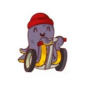 Happy purple octopus riding on self-balancing scooter. Humanized marine animal in red hat. Cartoon vector icon