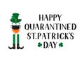 Happy Quarantined St. Patrick s day lettering and cartoon icon of Leprechaun with face mask green hat shamrock. Pandemic Covid