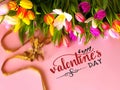 Tulip flowers on pink background Happy wishes greetings text tulip colorful festive bouquet floral women day Happy Valentine Royalty Free Stock Photo