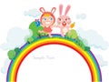 Happy rabbit and child on Rainbow