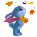 Happy rabbit illustration clipart. Mid-Autumn festival. Funny furry bunny with Autumn leaves and spider.