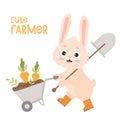 Happy rabbit in rubber boots with garden tool with shovel is carrying wheelbarrow with earth and carrots. Vector