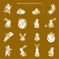 Happy rabbit set. Mid-autumn festival elements. Flat bunny collection. Vector illustration