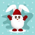 Happy rabbit standing in winter christmas landscape. Merry christmas and happy new year greeting card. Funny bunny in hat Santa Royalty Free Stock Photo