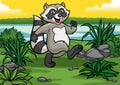 Happy raccoon cartoon in the wild