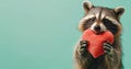 happy raccoon with heart shaped pillow for holiday romance, turquoise background, banner, copy space
