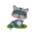 Happy raccoon sitting on green grass and laughing. Flat vector icon of wild forest animal with pink cheeks and striped