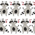 Colorful seamless pattern with happy raccoons, hearts. Decorative cute background with animals