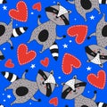 Colorful seamless pattern, happy raccoons, hearts. Decorative cute background, funny animals. Love