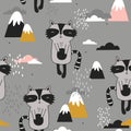 Happy raccoons, mountains, colorful seamless pattern. Decorative cute background with animals