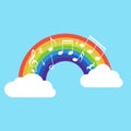 Happy rainbow with music note isolated on background. Vector illustration. Royalty Free Stock Photo