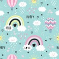 Happy rainbows, hot air ballon, clouds and sun seamless childish pattern. Hand drawn repeat pattern for wrapping, fabrik, textile