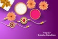 happy raksha bandhan background illustration with rakhi, rice, gift box, and flowers