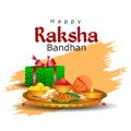 Happy Raksha Bandhan celebration concept. Beautiful decorated Thali, plate with Rakhi, Sweet and Earthen Lamp. vector illustration